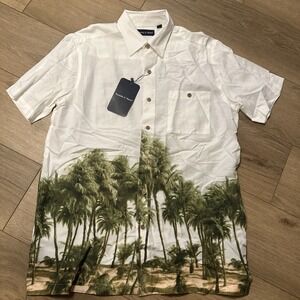 Preswick & Moore Men's Hawaiian Button Shirt SS Medium White Palm Tree Rayon NWT